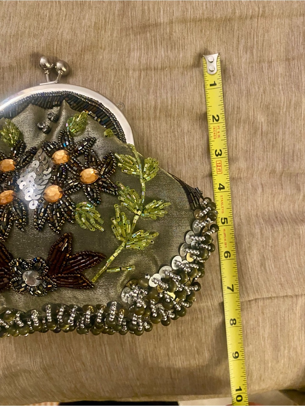 For Renewredo - Vintage Beaded Floral Kisslock Evening Bag Olive Green | 2 chain - Picture 8 of 10